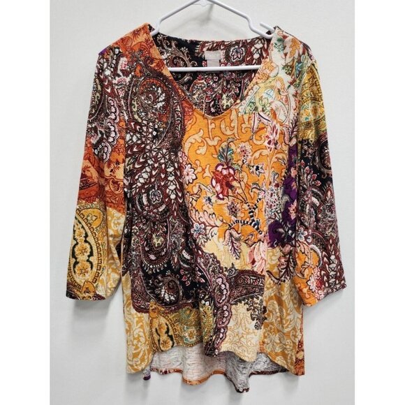 Chico's Tops - Chicos Womens Floral 3/4 Sleeve Top Size Large Orange Yellow Hi Low V-Neck